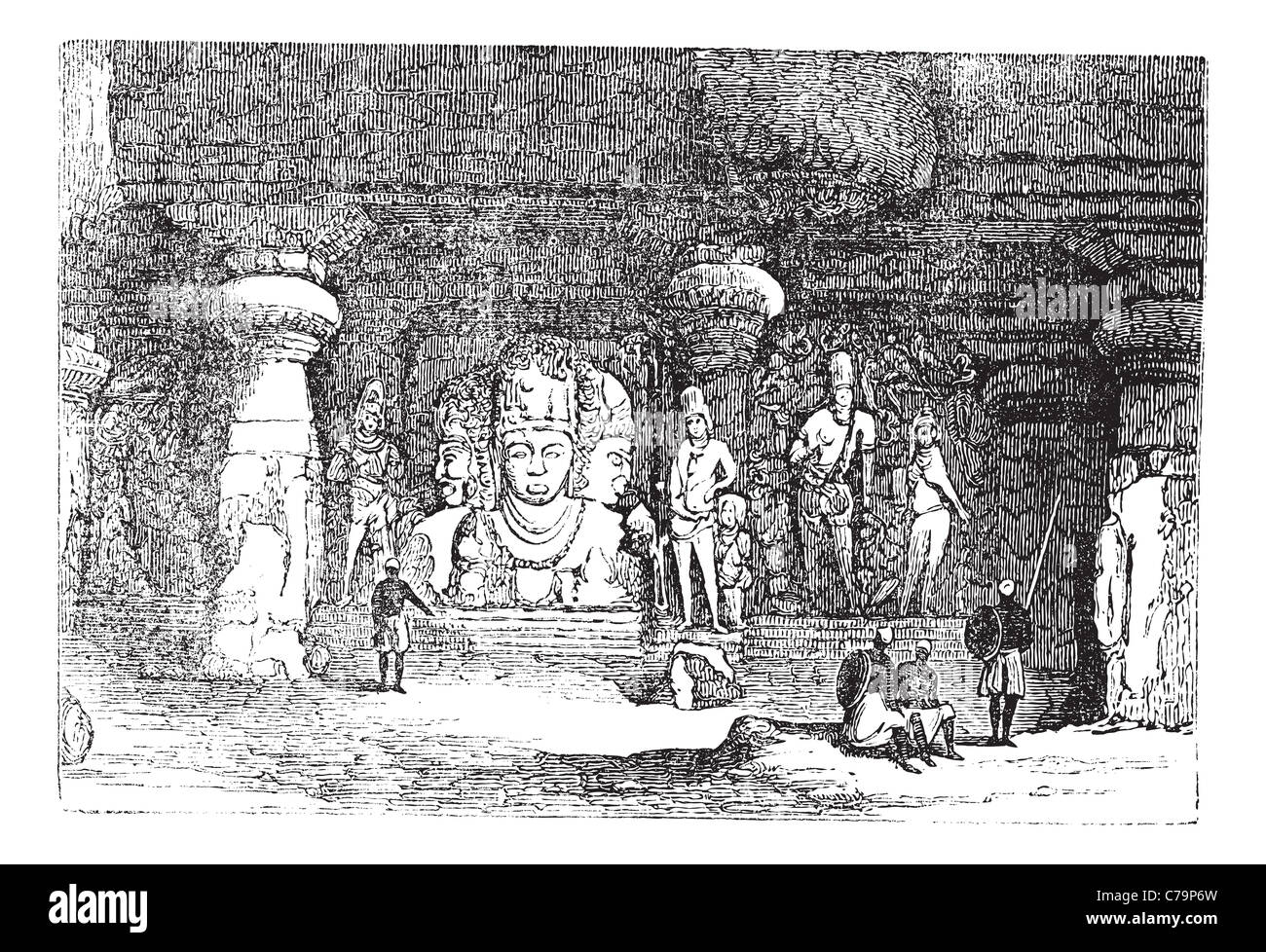 Elephanta Höhle in Maharashtra, Indien, in den 1890er Jahren, Vintage Gravur. Alten graviert Abbildung einer Elephanta-Höhle. Stockfoto