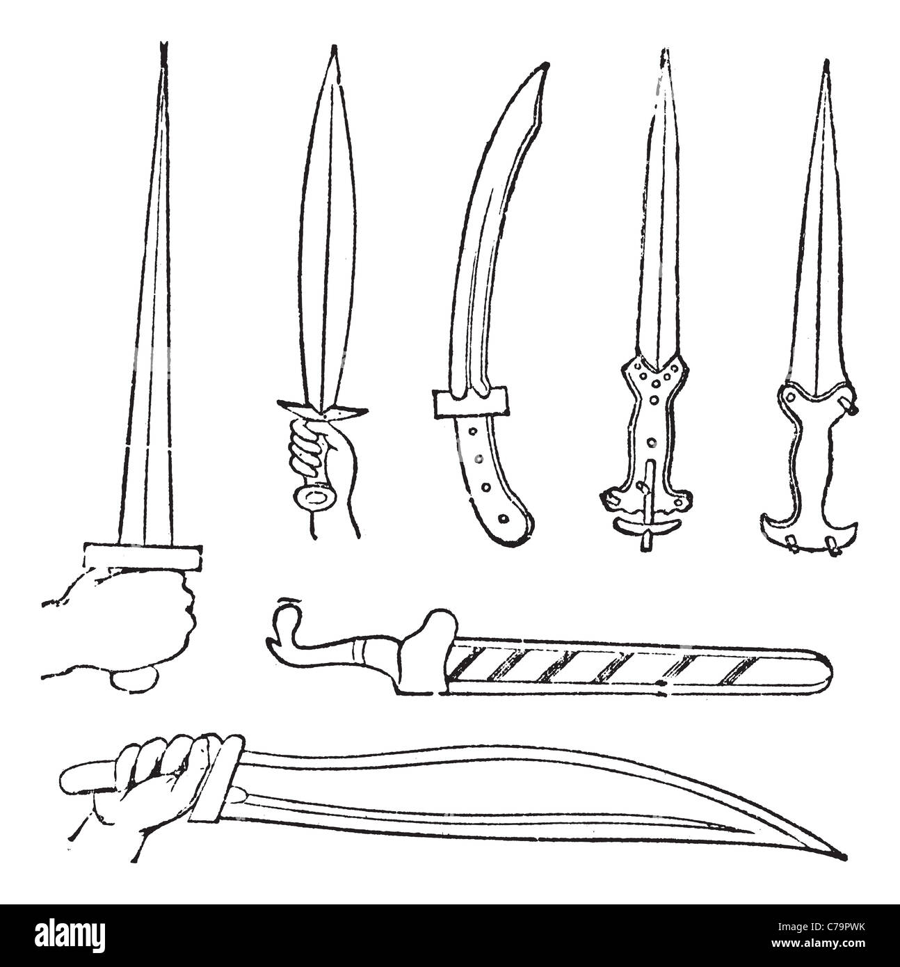 Griechische Schwerter, graviert Vintage Illustration. Trousset Enzyklopädie (1886-1891). Stockfoto