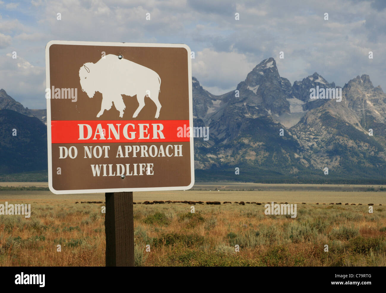 Gefahr tun kein Ansatz Tierwelt Schild mit Büffel und grand Teton in der Ferne Stockfoto