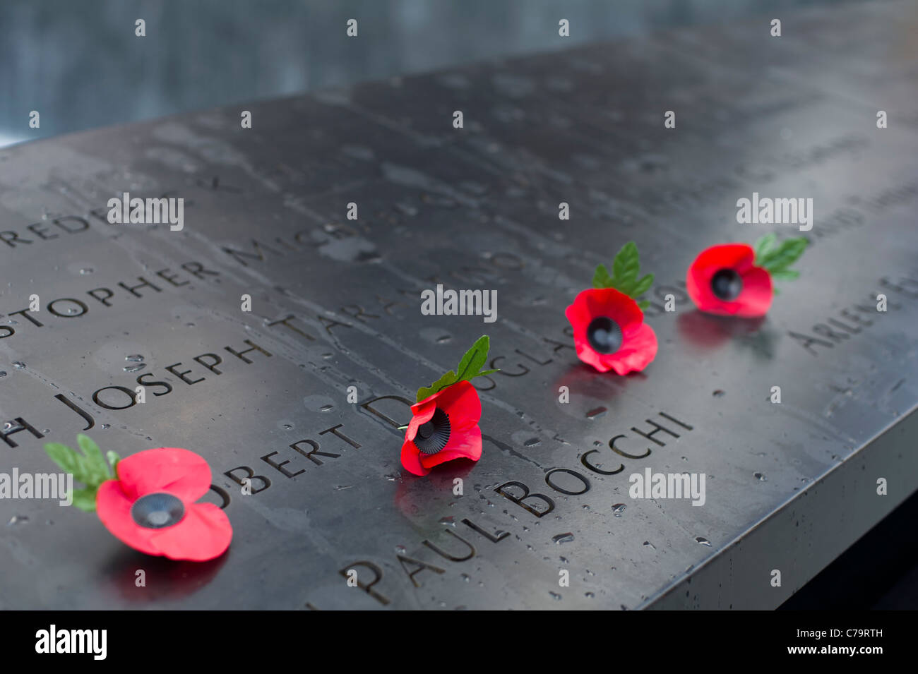 Besucher lassen Erinnerungen an Namen in der nationalen 9/11 Memorial Plaza in das World Trade Center Site nur zur redaktionellen Nutzung Stockfoto