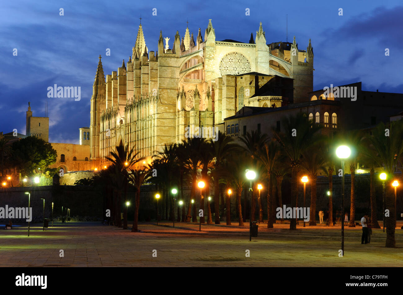 La Seu, beleuchtete Kathedrale und Wahrzeichen von Palma im Abend Licht, historische Zentrum Stadt, Palma de Mallorca, Spanien Stockfoto