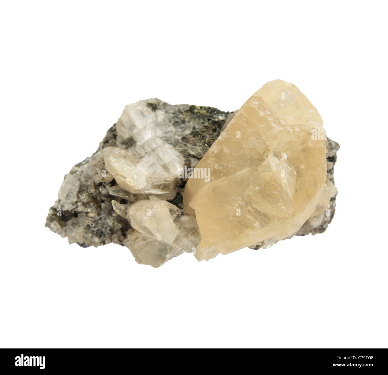 Calcit-Kristalle auf eine Rock-Probe isoliert auf weiss Stockfoto