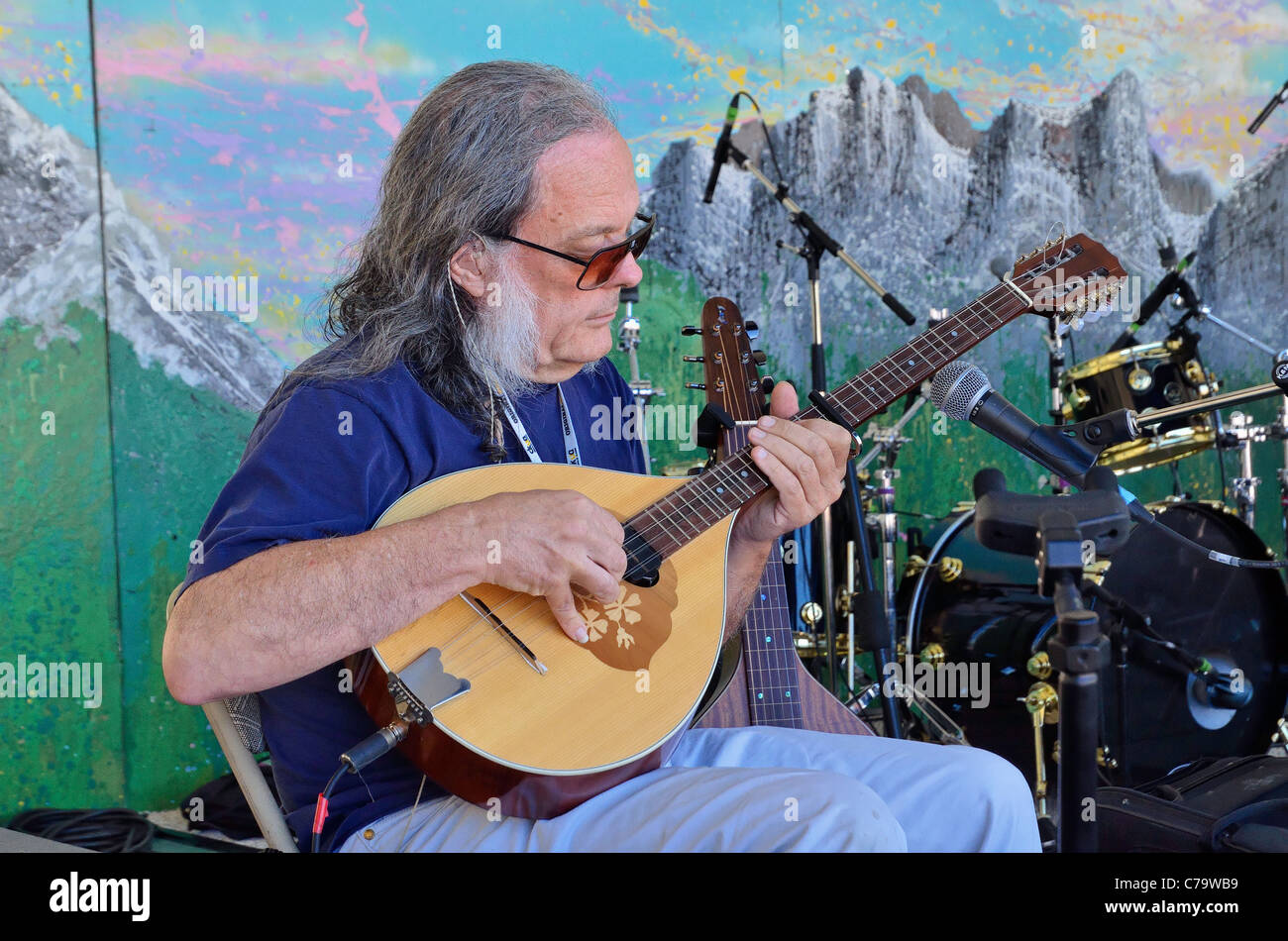 David Lindley spielt Bouzouki Art Instrument, Canmore Folk Music Fesival, Alberta, Kanada Stockfoto