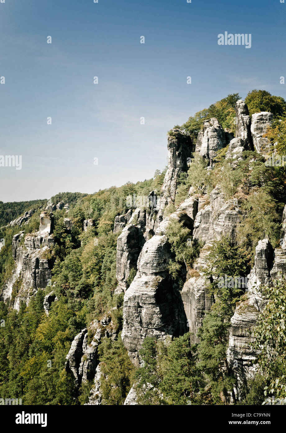 Felsformationen der Bastei, Sächsische Schweiz, Elbsandsteingebirge, Freistaat Sachsen, Deutschland, Europa Stockfoto