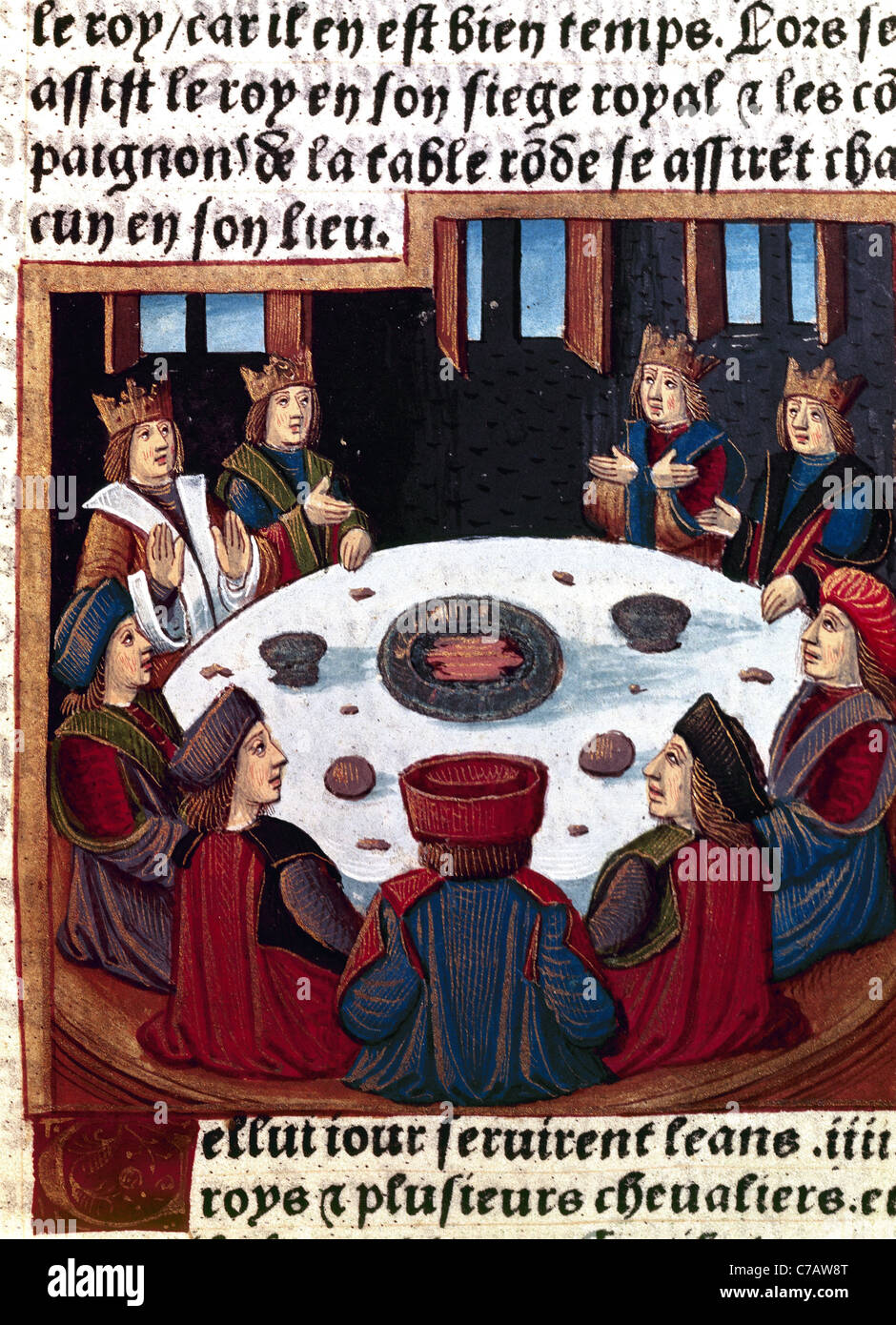 König Artus und den Rittern am runden Tisch. Miniatur von der Inkunabel des Lancelot du Lac, von A. Verard. 1490. Stockfoto