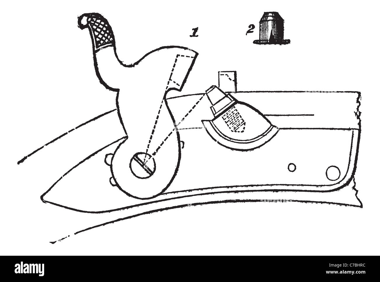 Perkussion Gewehr Sperre und Perkussion Gewehr Cap Vintage Gravur. Alten gravierte Darstellung der Perkussion Gewehr. Stockfoto