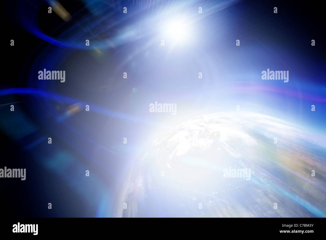 Ein abstrakte blauen Hintergrund unscharf mit einem hellen Planeten und glühende Objektiv Fackeln. Stockfoto