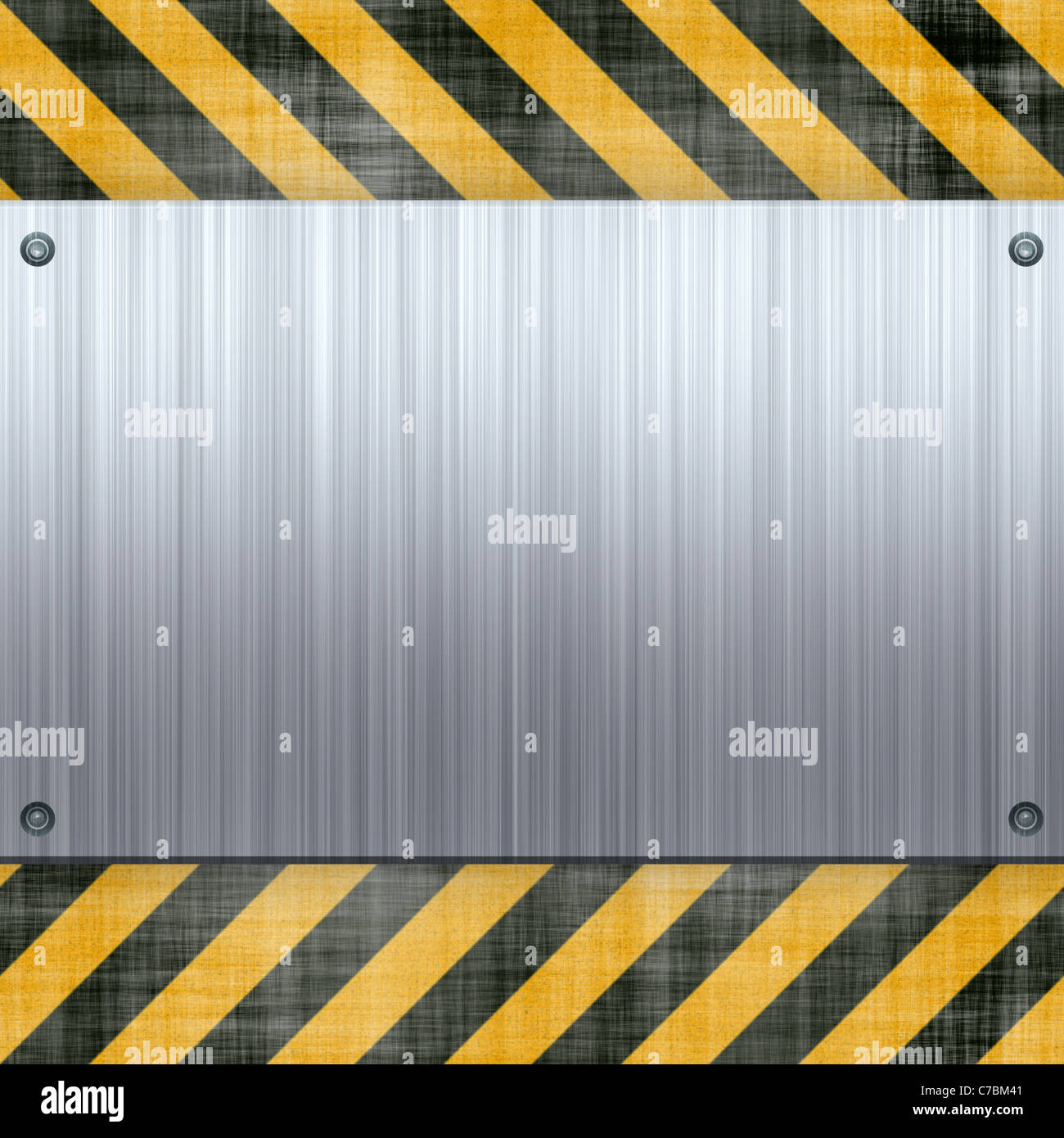 Eine genietete 3d gebürstet Metallplatte auf Bau Gefahr Streifen Hintergrund. Stockfoto