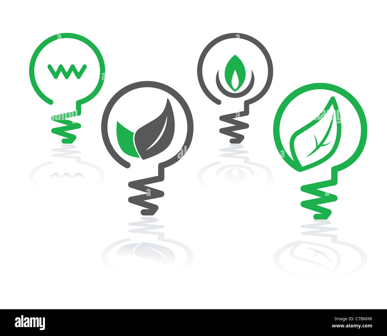 Reihe von Umwelt green Icons mit Glühbirnen und Blätter Stockfoto