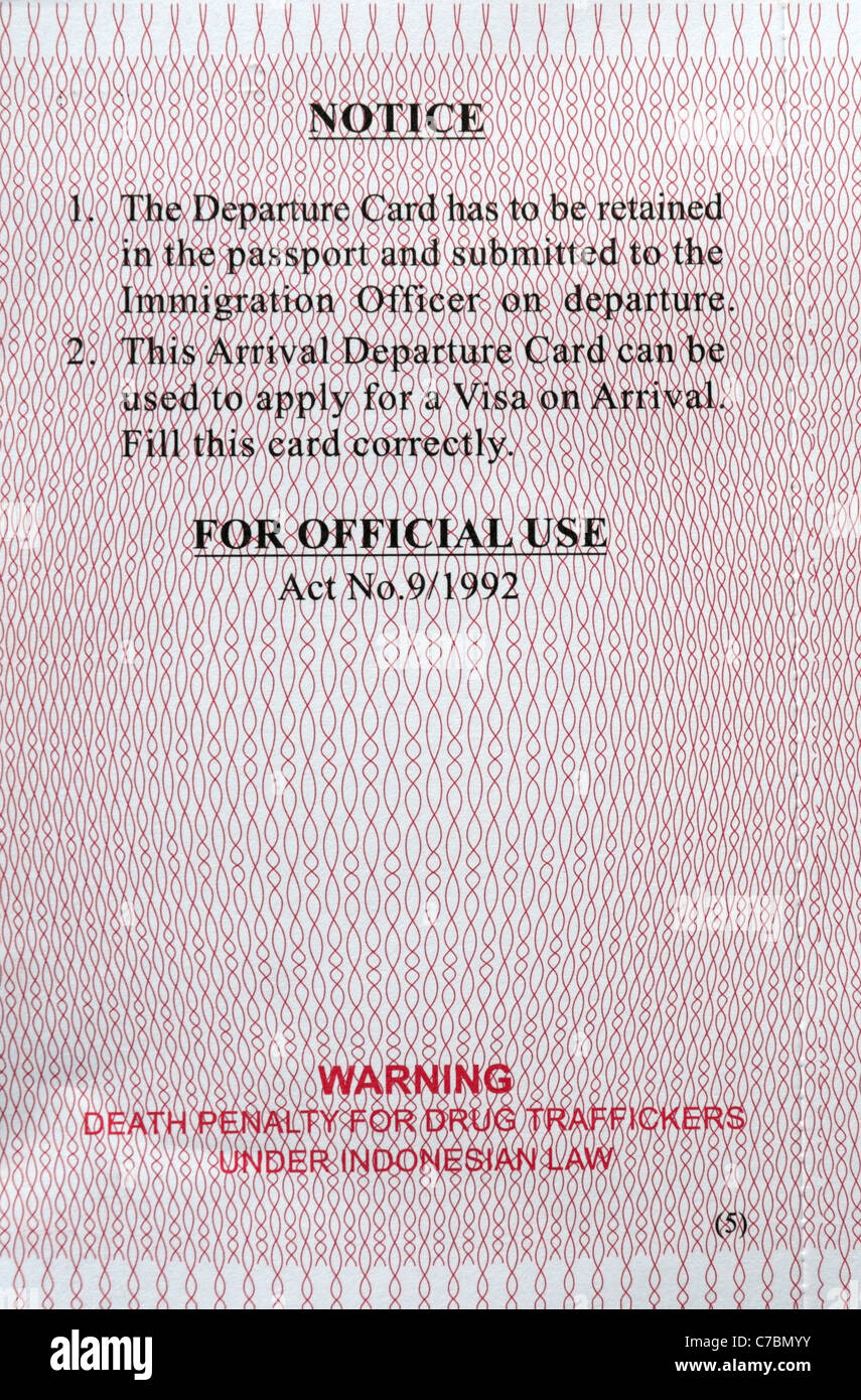Einwanderung Form Landung Ausschiffung Karte Reisen Visum Anwendung Grenze Agentur Karte Asien Tourismus Tourist wesentlich erforderlich Stockfoto