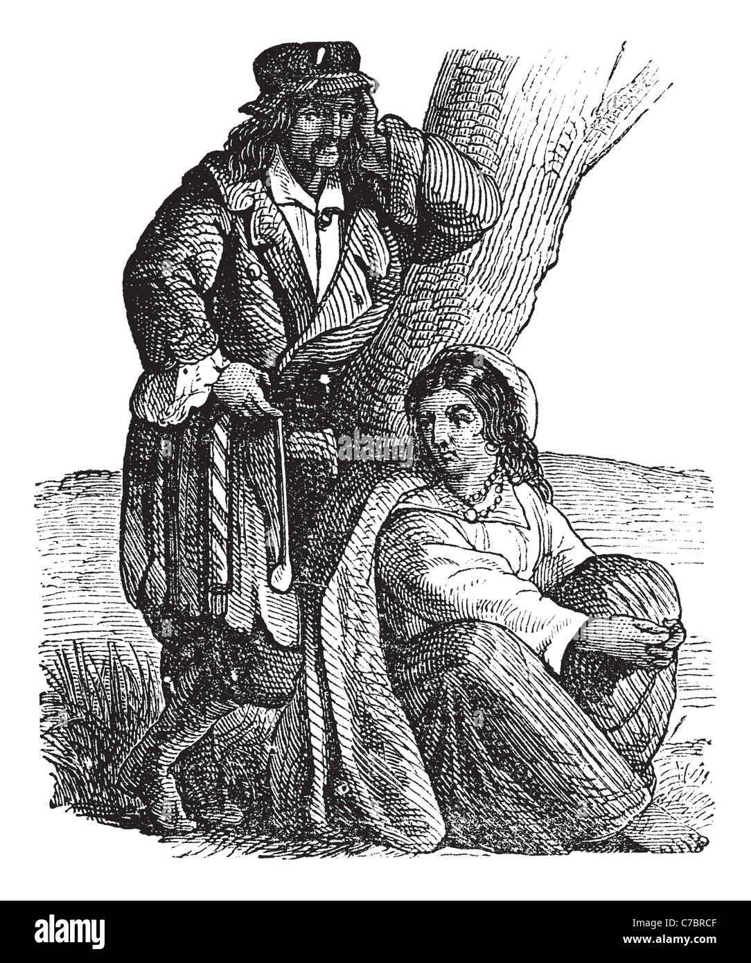 Junger Zigeuner paar von Baum Vintage Gravur. Alte graviert Darstellung der Zigeuner paar, Frau Mann stützte sich auf Baum sitzend Stockfoto