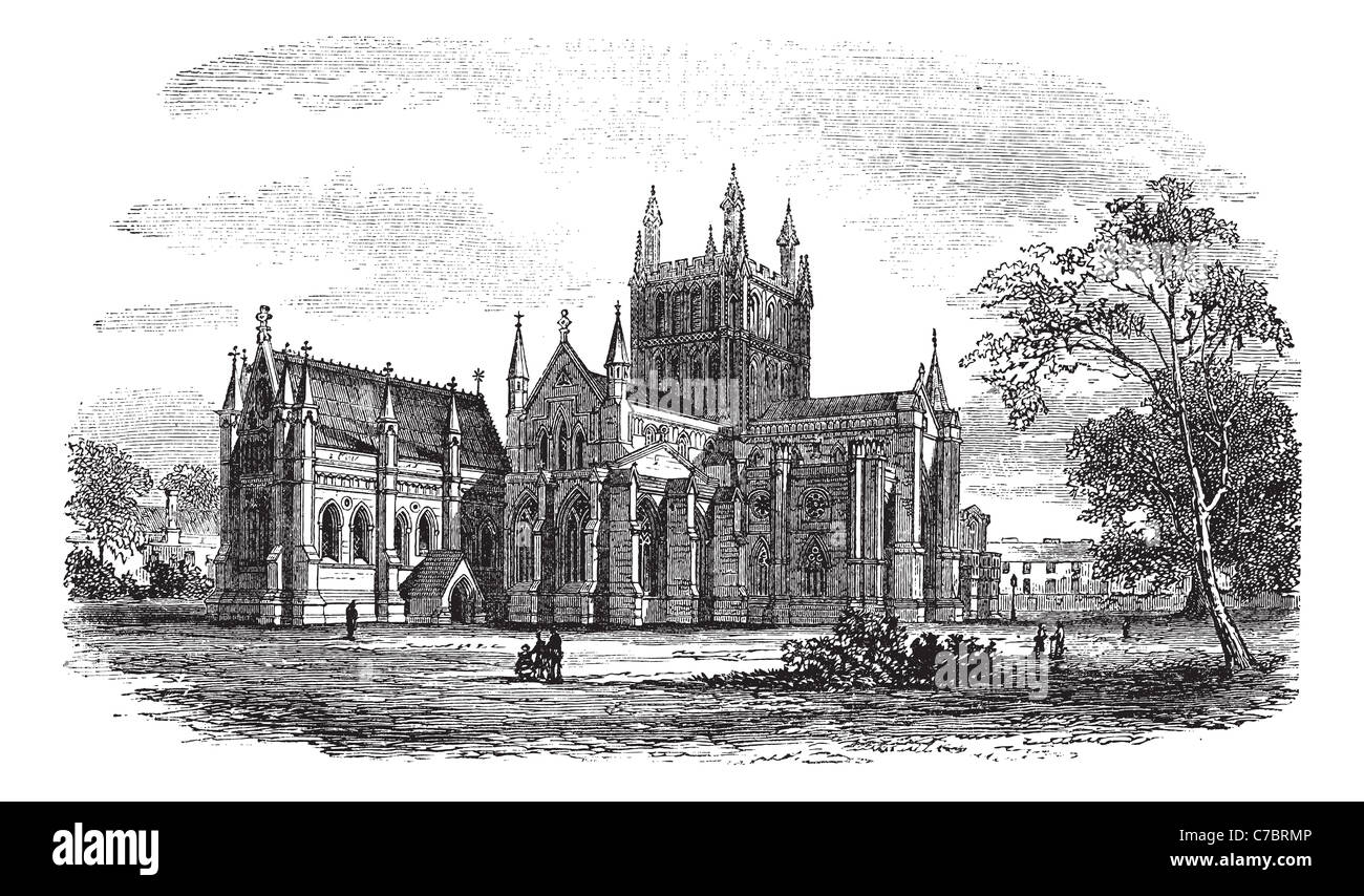 Hereford Kathedrale, England Vintage Gravur. Alten gravierte Darstellung der historischen Kathedrale Hereford, England, 1800 s. Stockfoto