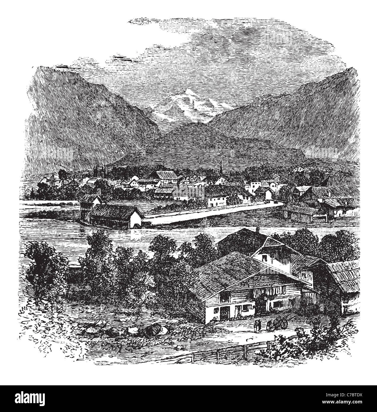 Interlaken und Jungfrau, Schweiz, in den 1890er Jahren, Vintage Gravur. Alten gravierte Darstellung von Interlaken und Jungfrau. Stockfoto