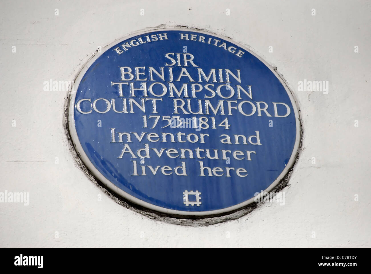 English Heritage blaue Plakette markiert eine Heimat der Erfinder und Abenteurer Sir Benjamin Thompson, zählen Rumford, London, England Stockfoto
