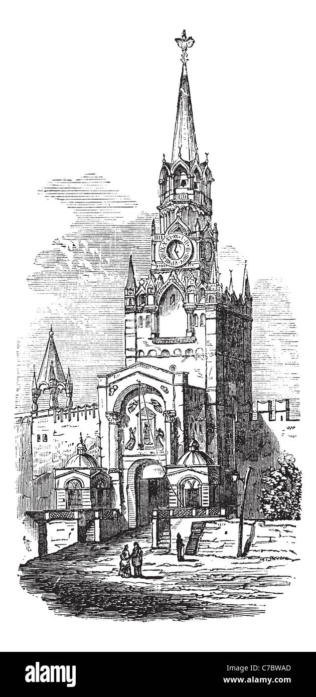 Heiliges Tor am Kreml Vintage Gravur. Alten graviert Abbildung der Heiligen Tor am Kreml, Russland, 1800 s. Stockfoto