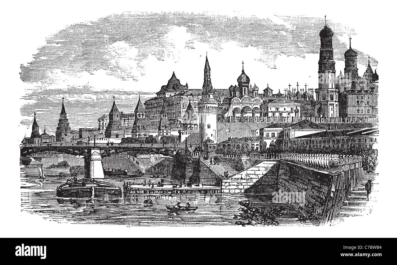 Der Moskauer Kreml und Fluss, Russland Vintage Gravur. Alten graviert Abbildung der berühmten Moskauer Kreml und Fluss, Russland, 1800 s Stockfoto