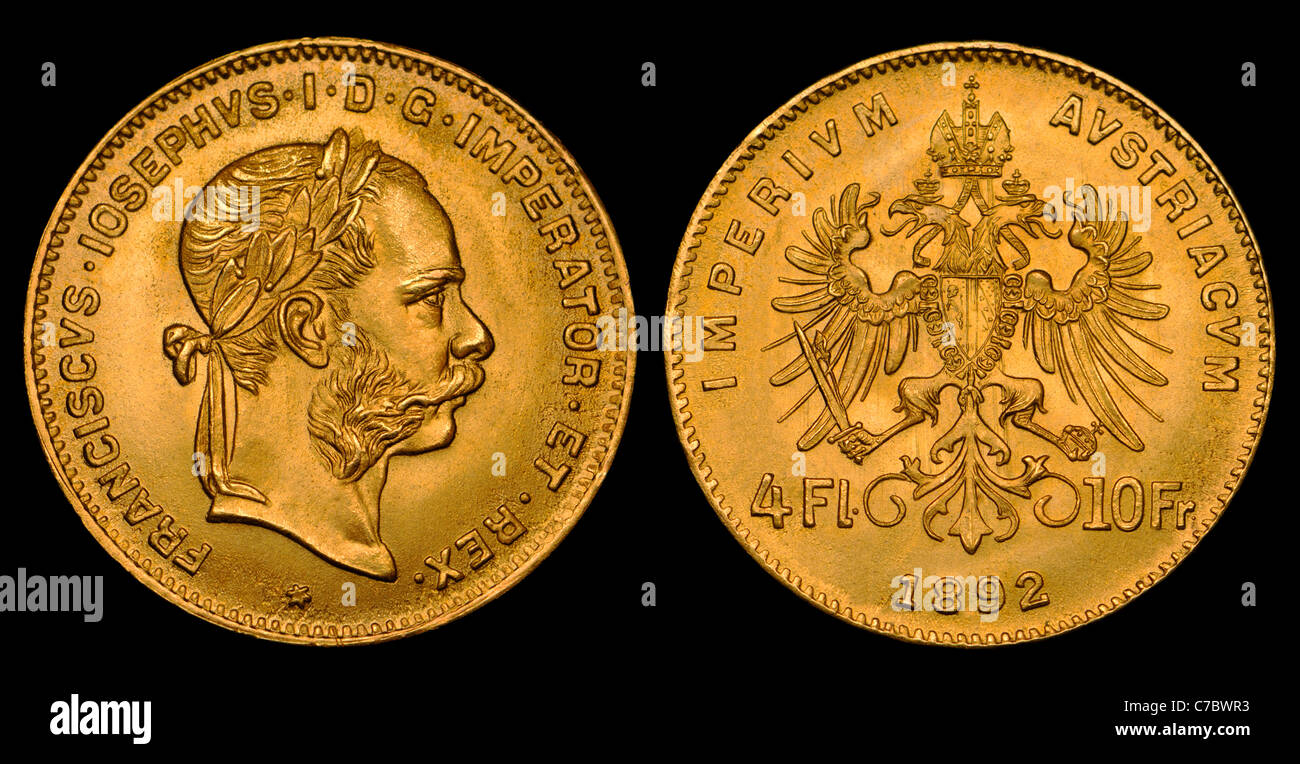 Österreichische Goldmünze - 4 Gulden / 10 Franken - 1892 Stockfoto