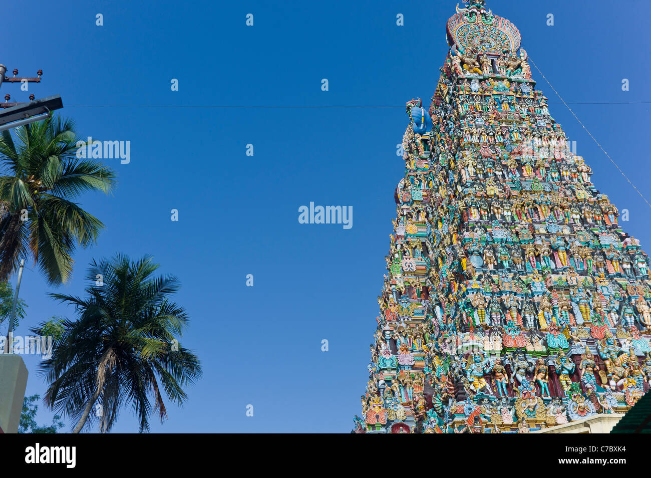 Details an der Außenwand des Meenakshi Amman Tempel in Madurai, Tamil Nadu, Indien. Stockfoto