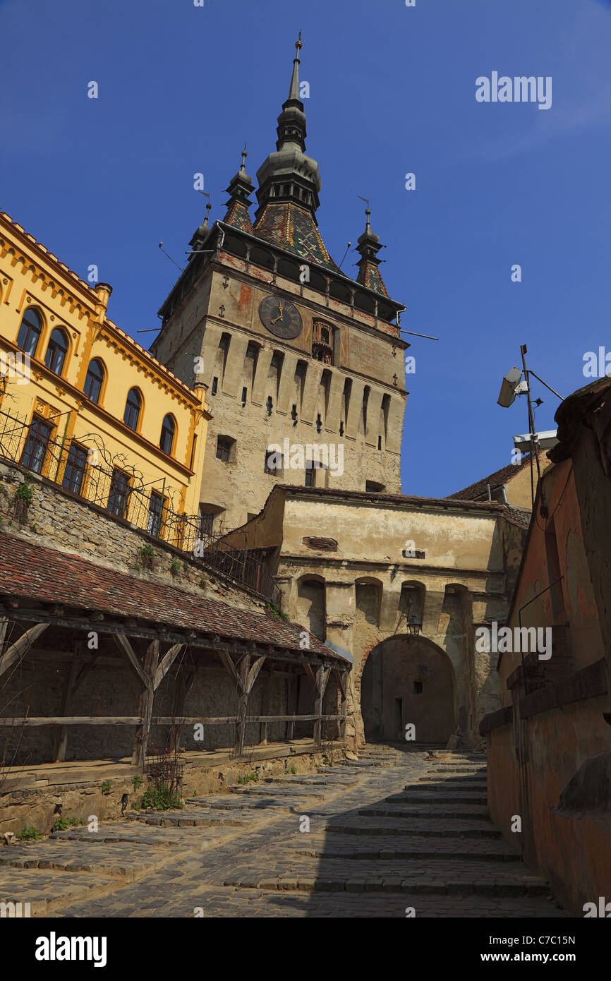 Bild auf den Uhrturm in Sighisoara, Rumänien. Stockfoto