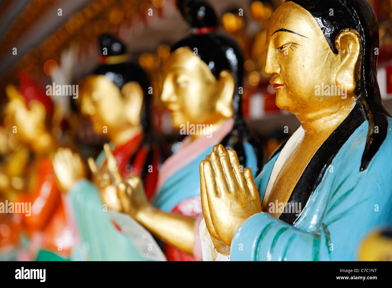 Beten Figuren in der Haupthalle des Tempels zehn tausend Buddhas, Sha Tin, New Territories, Hong Kong SAR, China, Asien Stockfoto