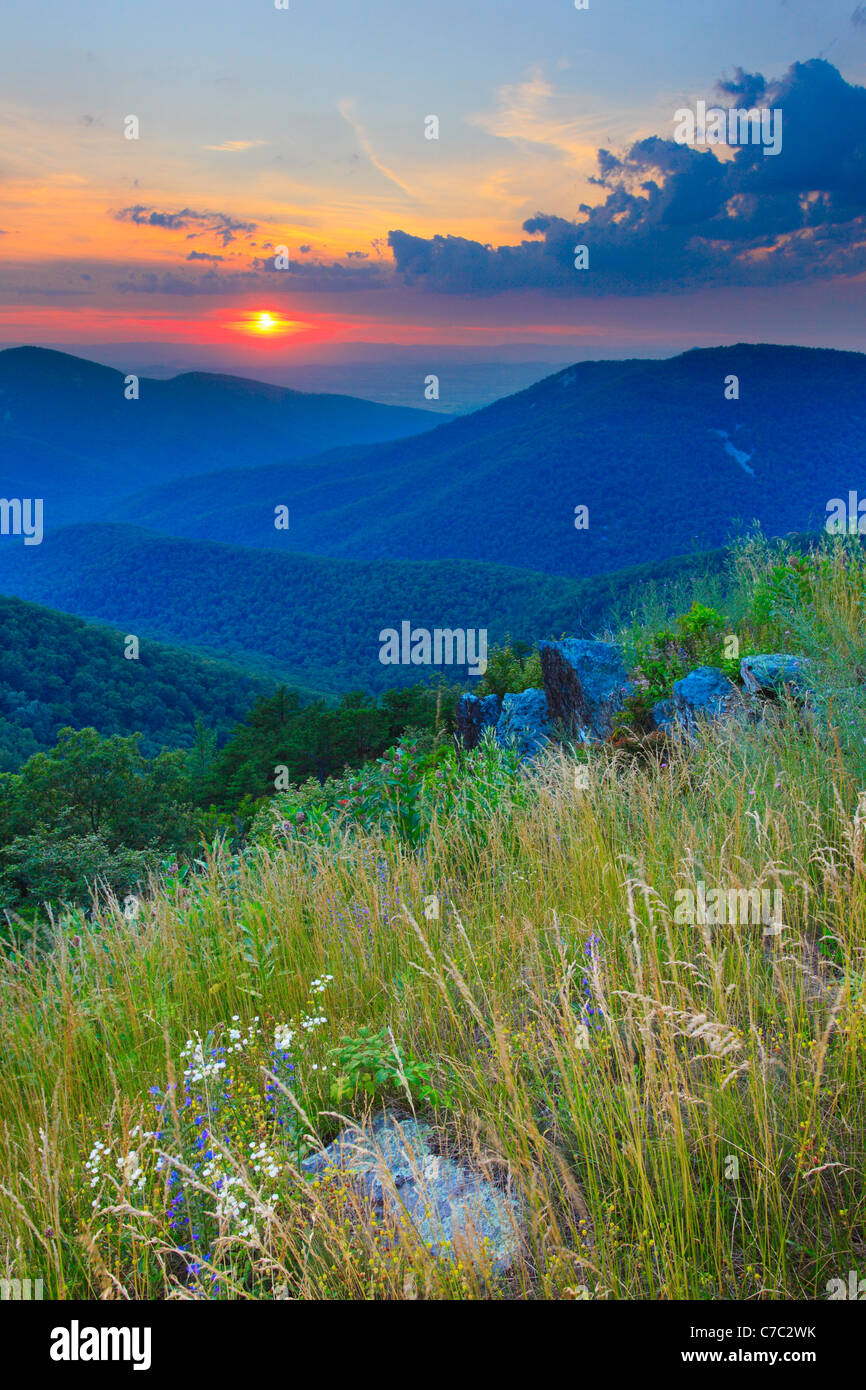 Blick auf den Sonnenuntergang vom RockyTop übersehen, Shenandoah-Nationalpark, Virginia, USA Stockfoto