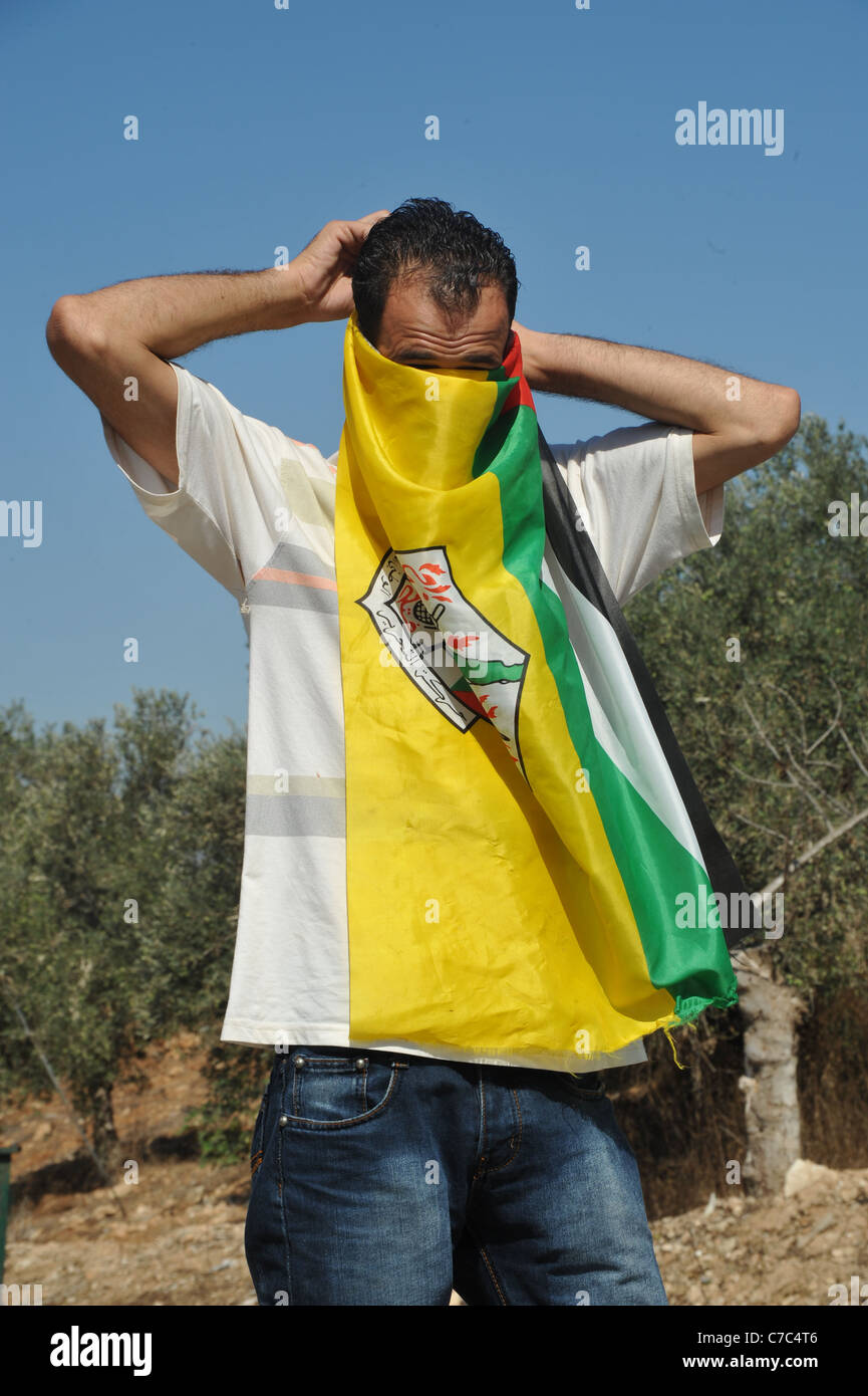 Eine unterdrückte Demonstration von den israelischen Streitkräften in den palästinensischen Dorf von Nabi Salih., vor der Demonstration. Eine Seilbahn Stockfoto