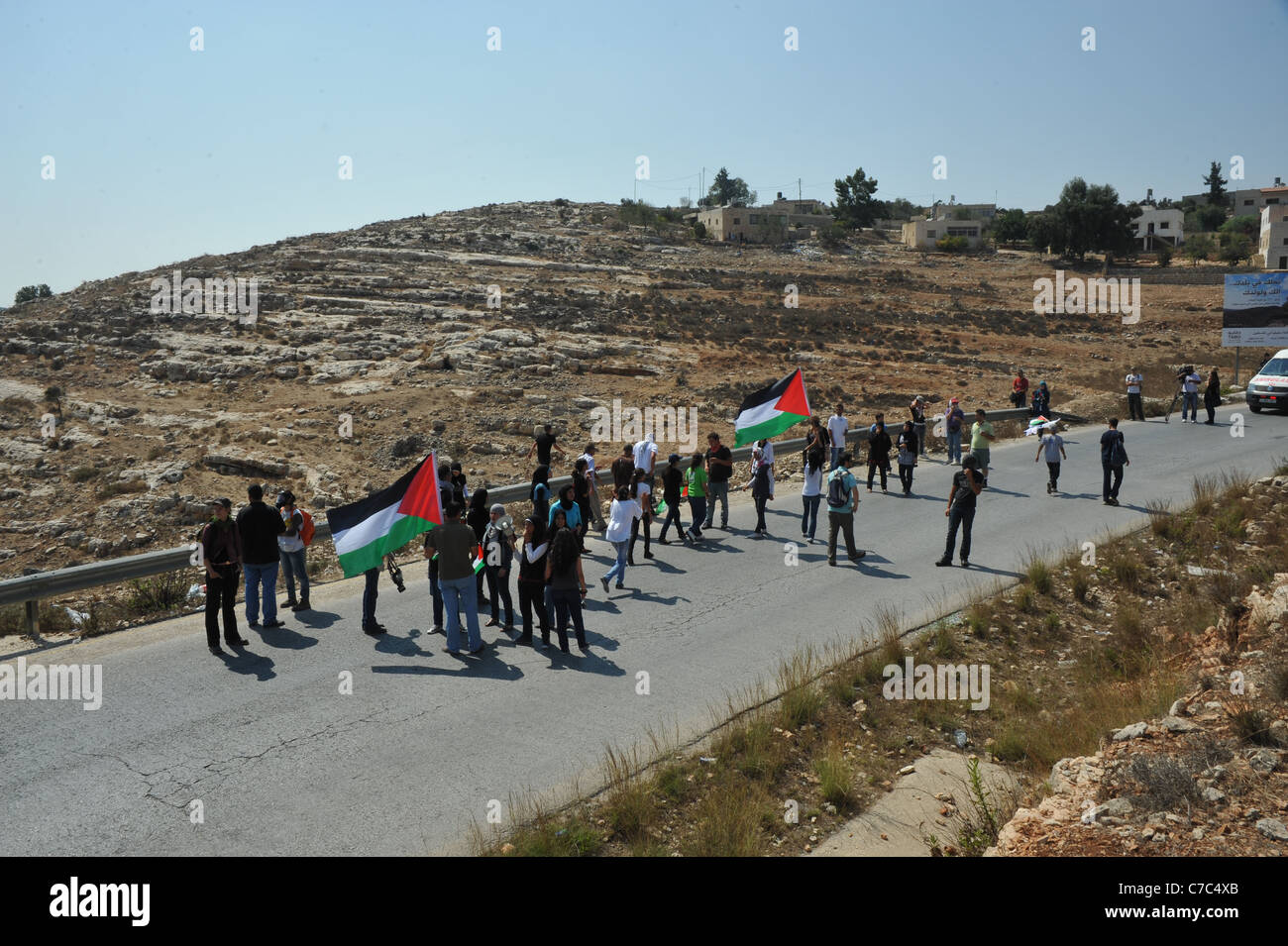 Eine unterdrückte Demonstration von den israelischen Streitkräften in den palästinensischen Dorf von Nabi Salih., wartet die Demonstration für t Stockfoto