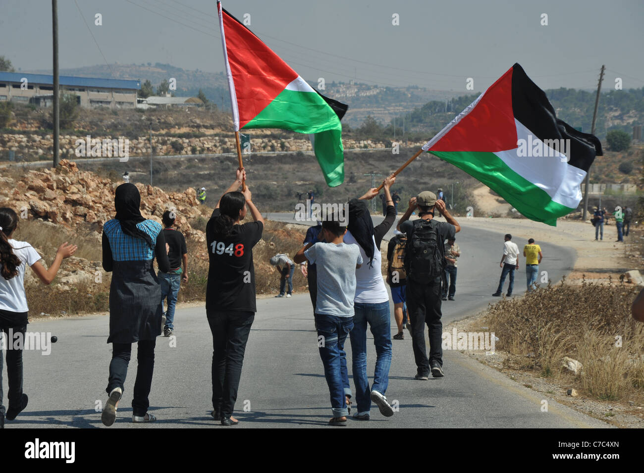 Eine unterdrückte Demonstration von den israelischen Streitkräften in den palästinensischen Dorf von Nabi Salih. wird die Reduce-demonstration Stockfoto