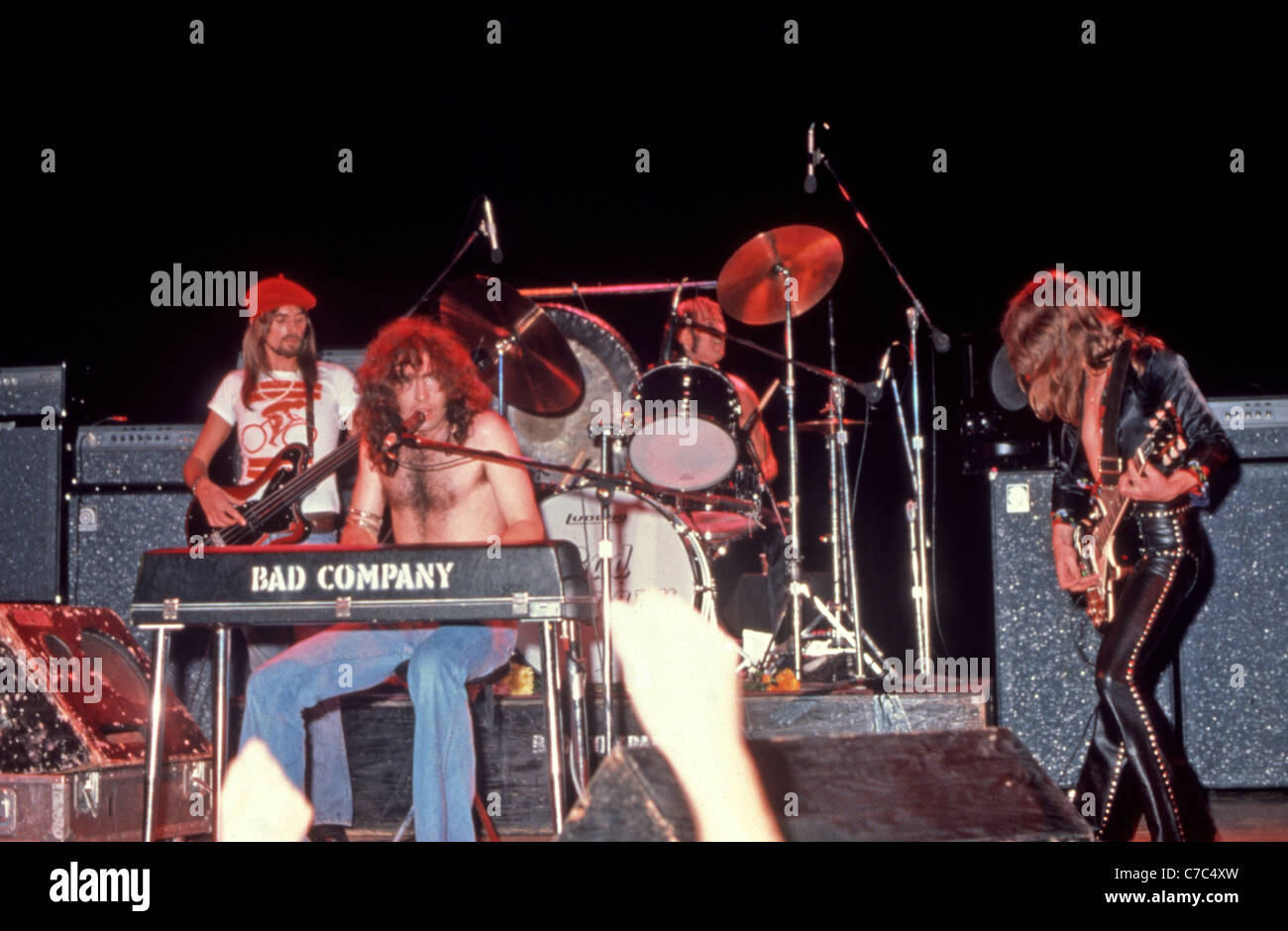 BAD COMPANY über 1985. von links: Boz Burrell, Paul Rodgers und Simon Kirke Mick Ralphs Stockfoto