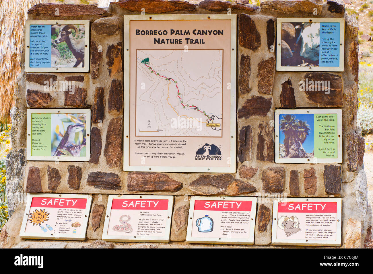 Interepretive Trail Zeichen, Borrego Palm Canyon, Anza-Borrego Desert State Park, Kalifornien USA Stockfoto