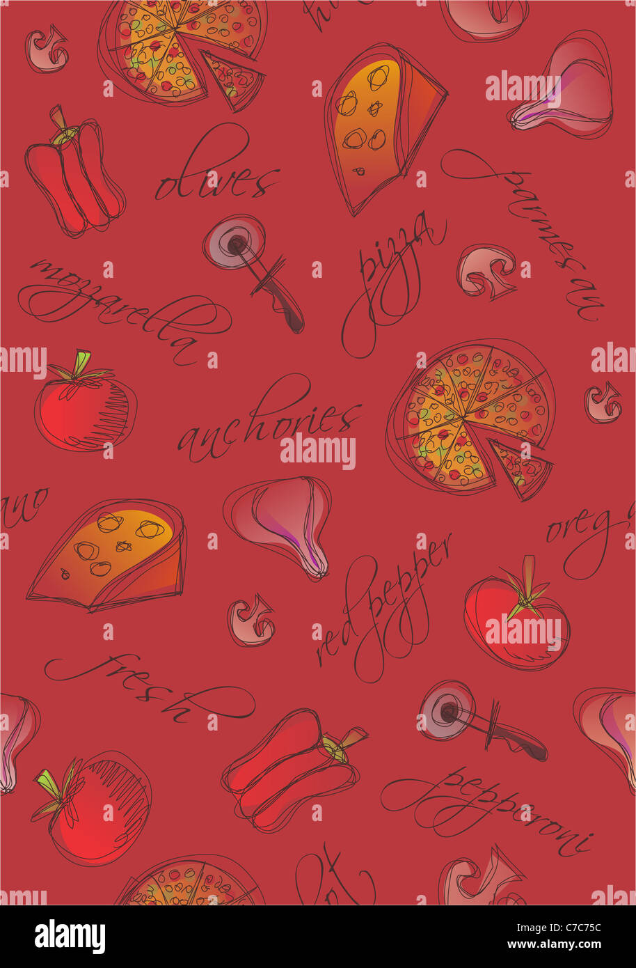 Muster von Pizza und Zutaten mit Worten auf rotem Grund. Vektor zur Verfügung Stockfoto