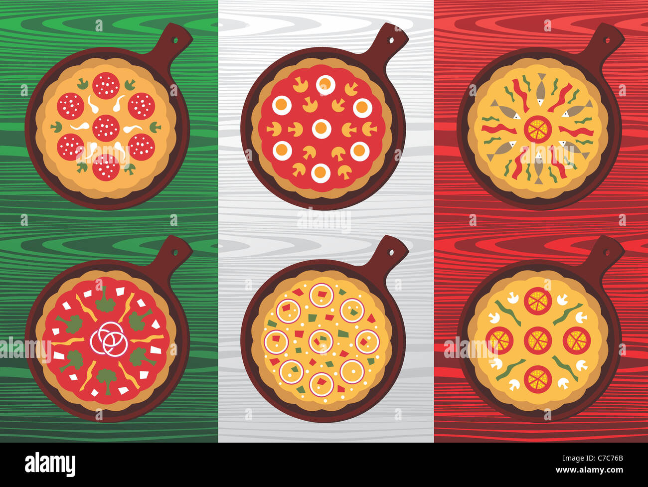 Pizza-Geschmacksrichtungen über hölzerne strukturierte italienische Flagge Hintergrund. Vektor zur Verfügung. Stockfoto