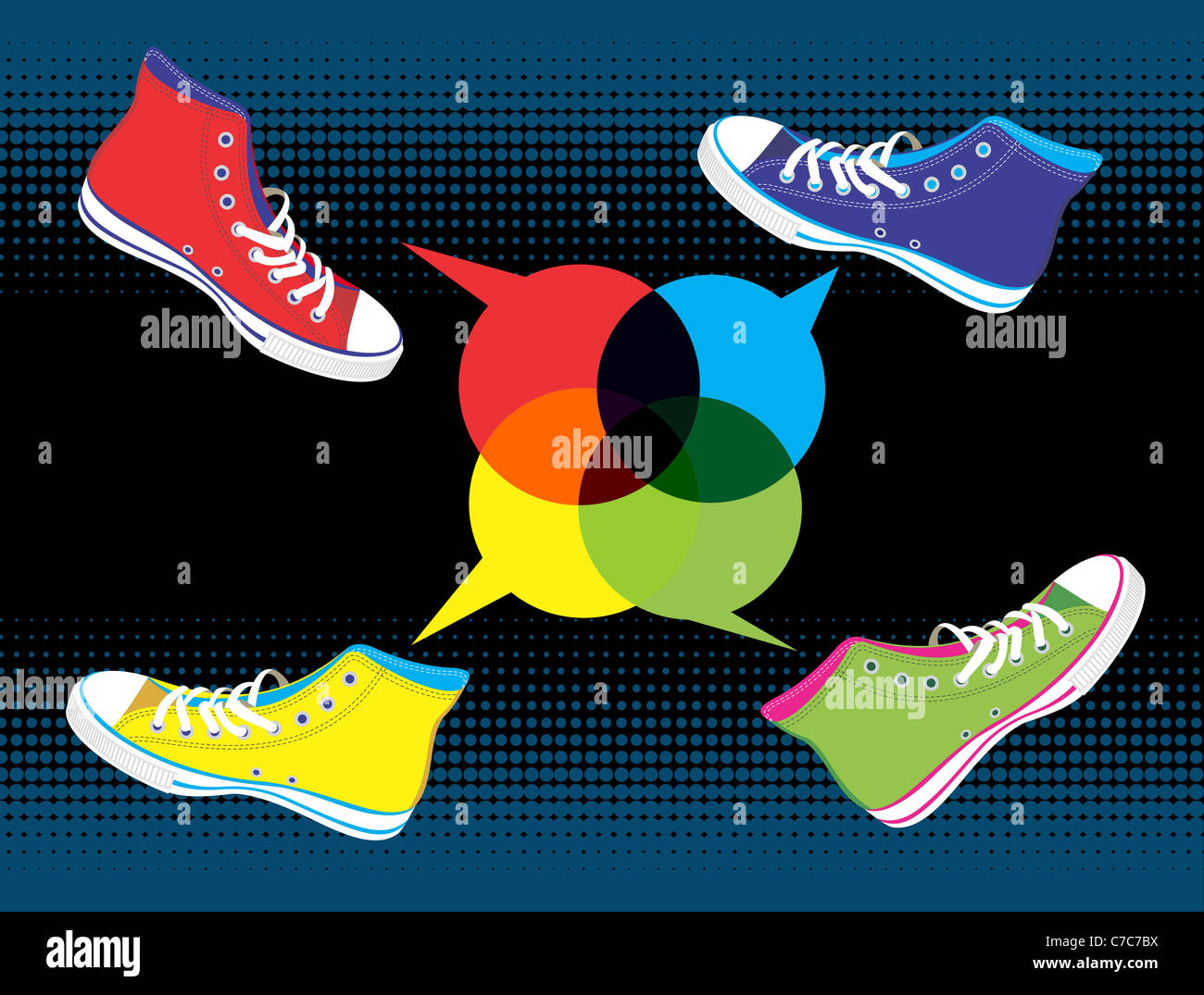 Bunte Sneakers mit Dialog Ballon auf schwarzem Hintergrund. Vektor zur Verfügung Stockfoto