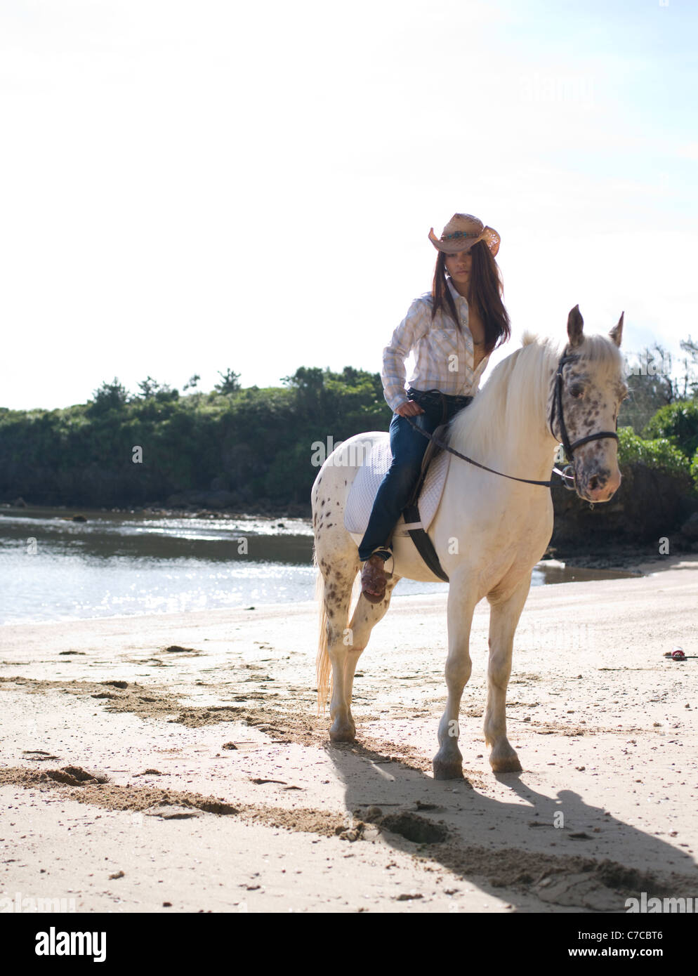 Cowgirl auf dem Pferd am Strand Stockfoto