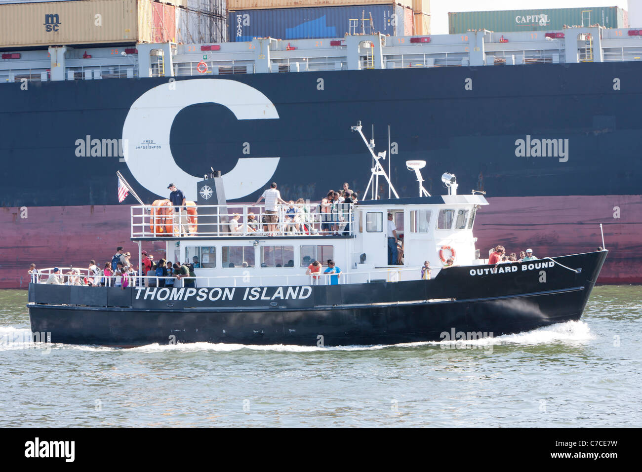 Outward Bound Thompson Island Ferry Rückkehr nach Boston, Massachusetts. Stockfoto