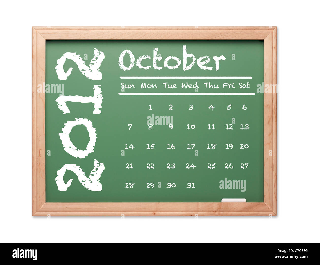 Monat Oktober 2012 Kalender an grüne Tafel Over White Background. Stockfoto Monat Oktober 2012 Kalender an grüne Tafel Over White Background. Stockfoto