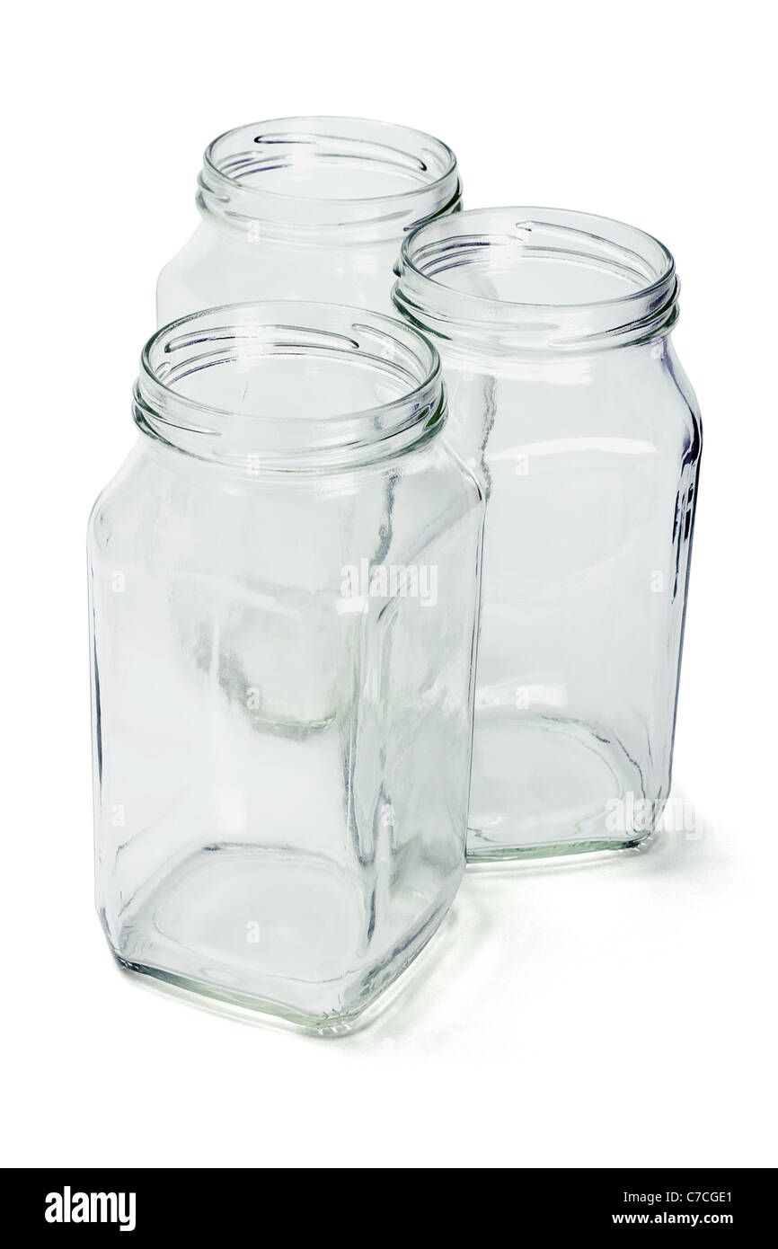 Drei offene leeren Glasbehälter auf weißem Hintergrund Stockfoto