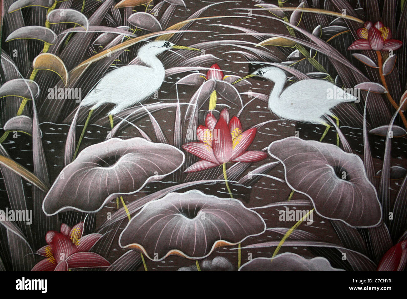 Indonesische Malerei der Reiher In einen Seerosenteich Stockfoto