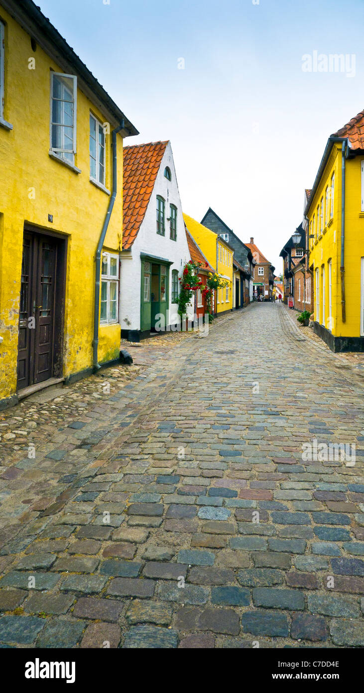 Eine gepflasterte Straße in der Altstadt von Ribe, Jütland, Dänemark Stockfoto