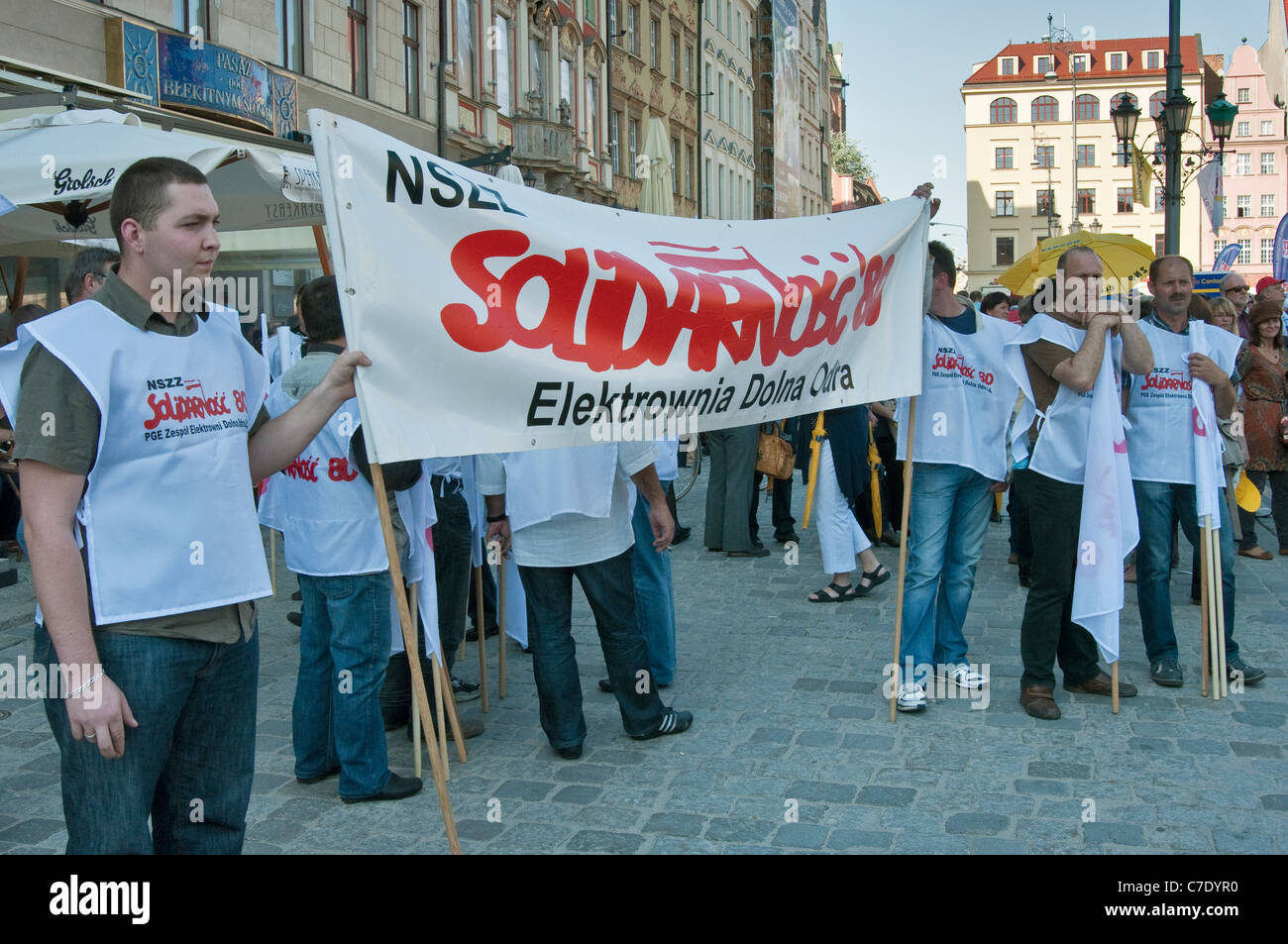 Solidarität-Mitglieder, europäischen Gewerkschaften Demonstration während der Treffen der EU-Finanzminister am Sep 17, 2011 in Wroclaw/Breslau Polen Stockfoto