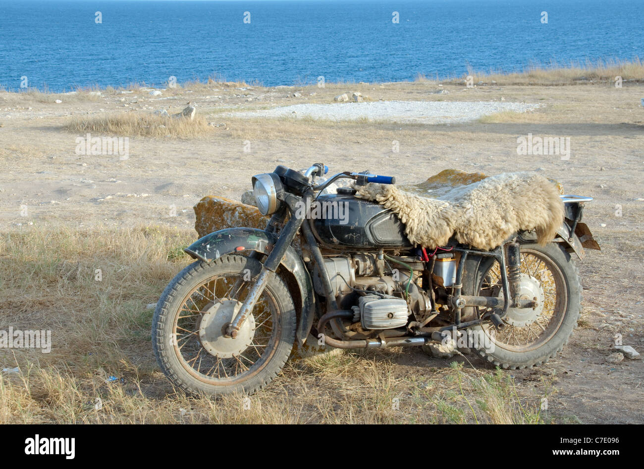 Altes Motorrad, Kap Tarchankut, Tarhan Qut, Krim, Ukraine, Osteuropa Stockfoto