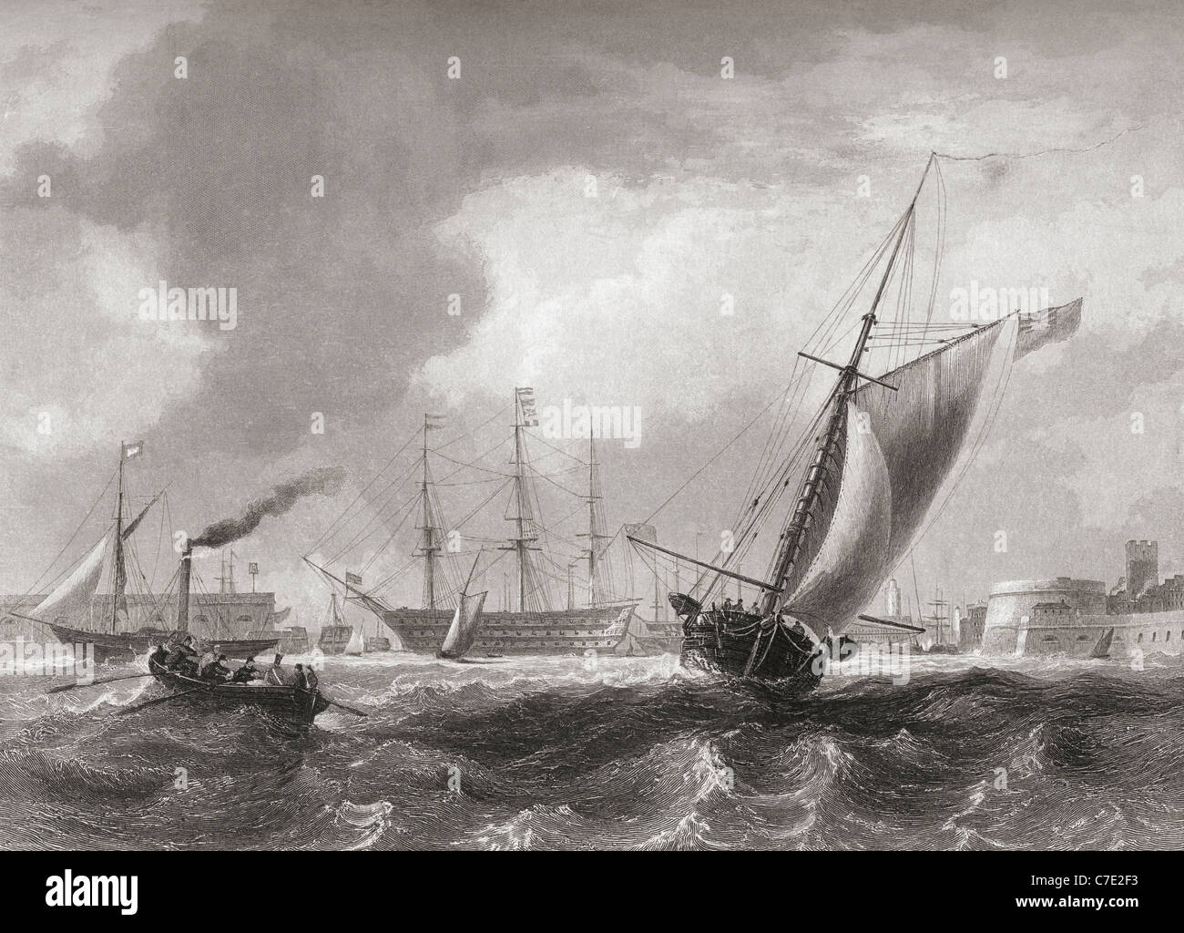 Eingang zum Hafen von Portsmouth, Hampshire, England im frühen 19. Jahrhundert. Stockfoto