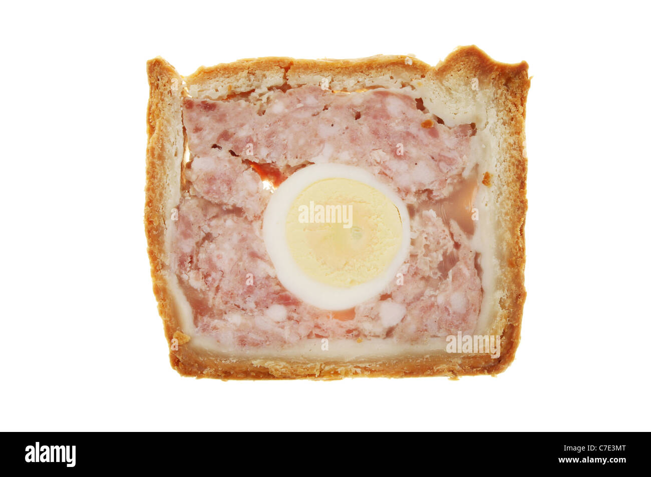 Scheibe Schweinefleisch und Ei, Gala-Torte, isoliert gegen weiß Stockfoto