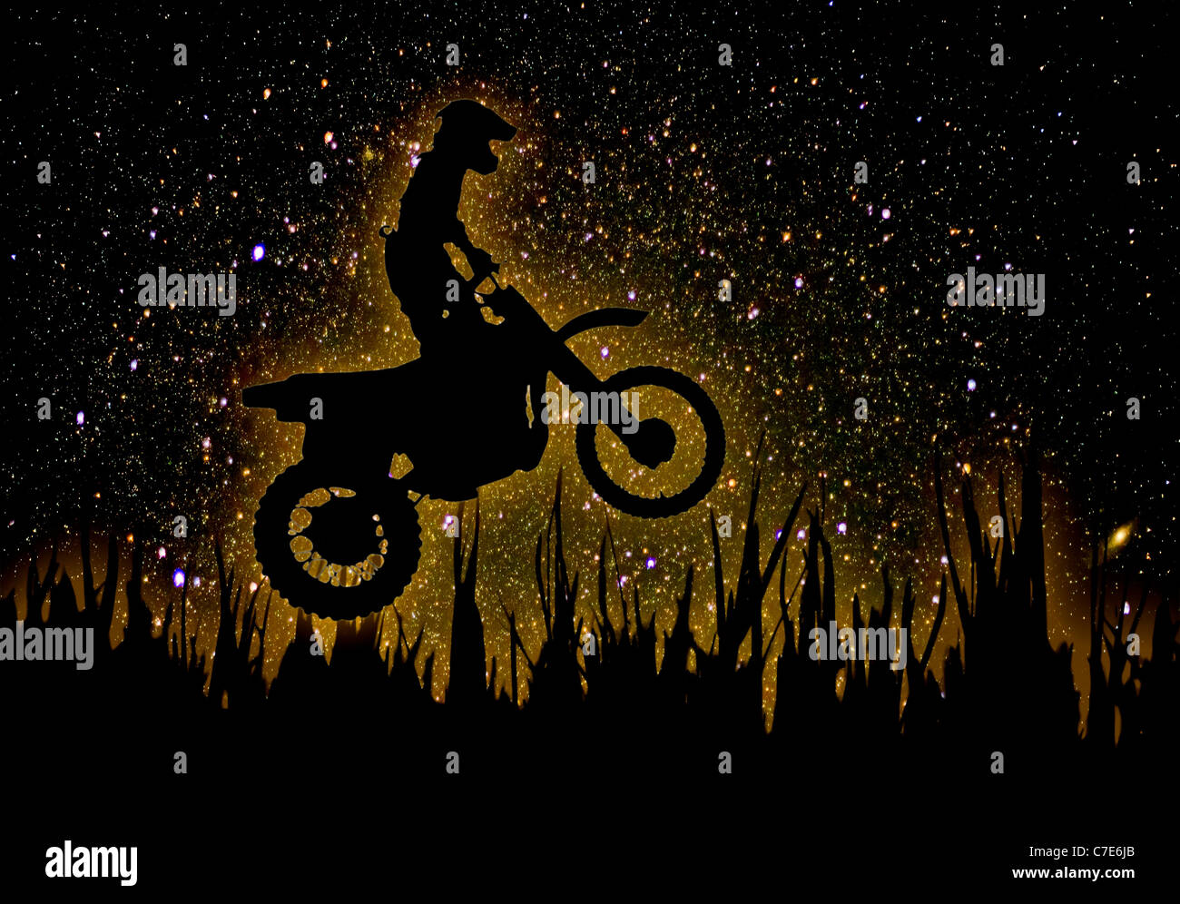 MX Fahrer Silhouette am Nachthimmel Stockfoto