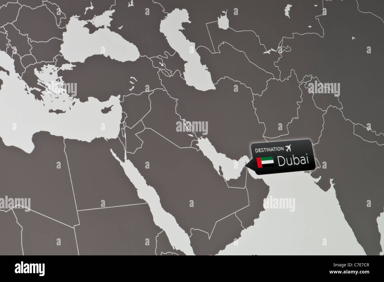Eine Nahaufnahme von einem Computer-Display zeigt die Lage von Dubai International Airport, Vereinigte Arabische Emirate. Stockfoto