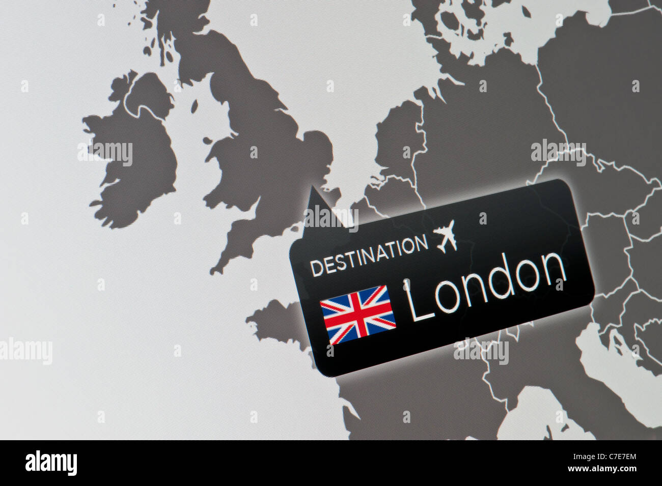 Eine Nahaufnahme von einem Computer-Display, die Angabe der Lage des Flughafens Heathrow, London, Vereinigtes Königreich. Stockfoto