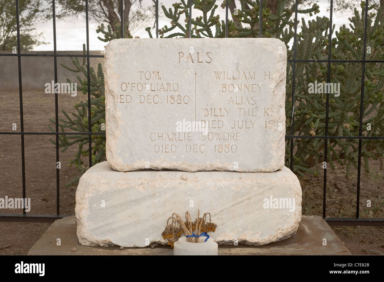 Grabstätte der Outlaw Billy the Kid und seine Freunde Tom o ' Folliard und Charlie Bowdre, auf dem Friedhof von Fort Sumner, New Mexico. Stockfoto