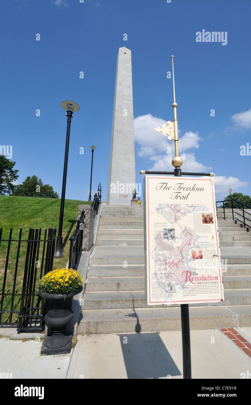 Schild am Bunker Hill Monument, das die Route & Standorte der Freedom Trail durch die historischen Boston, Massachusetts. USA Stockfoto