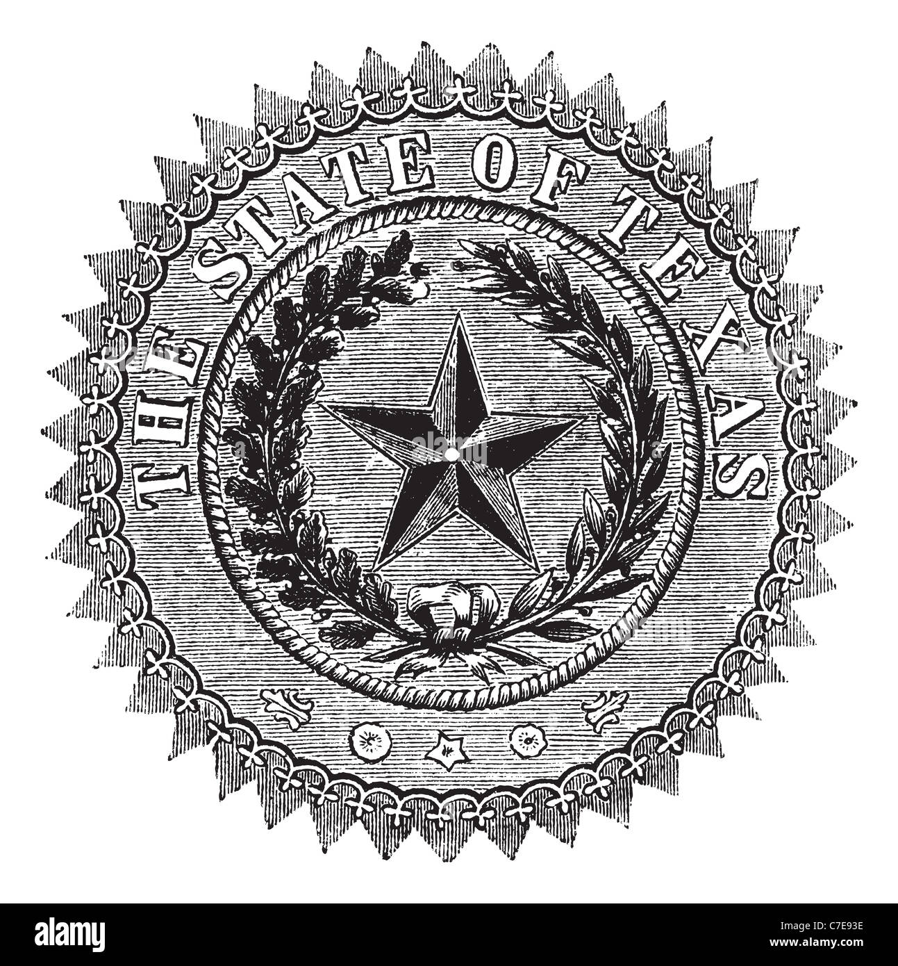 Siegel des Staates Texas, Vintage gravierten Abbildung. Siegel des Staates Texas isoliert auf weiss. Stockfoto
