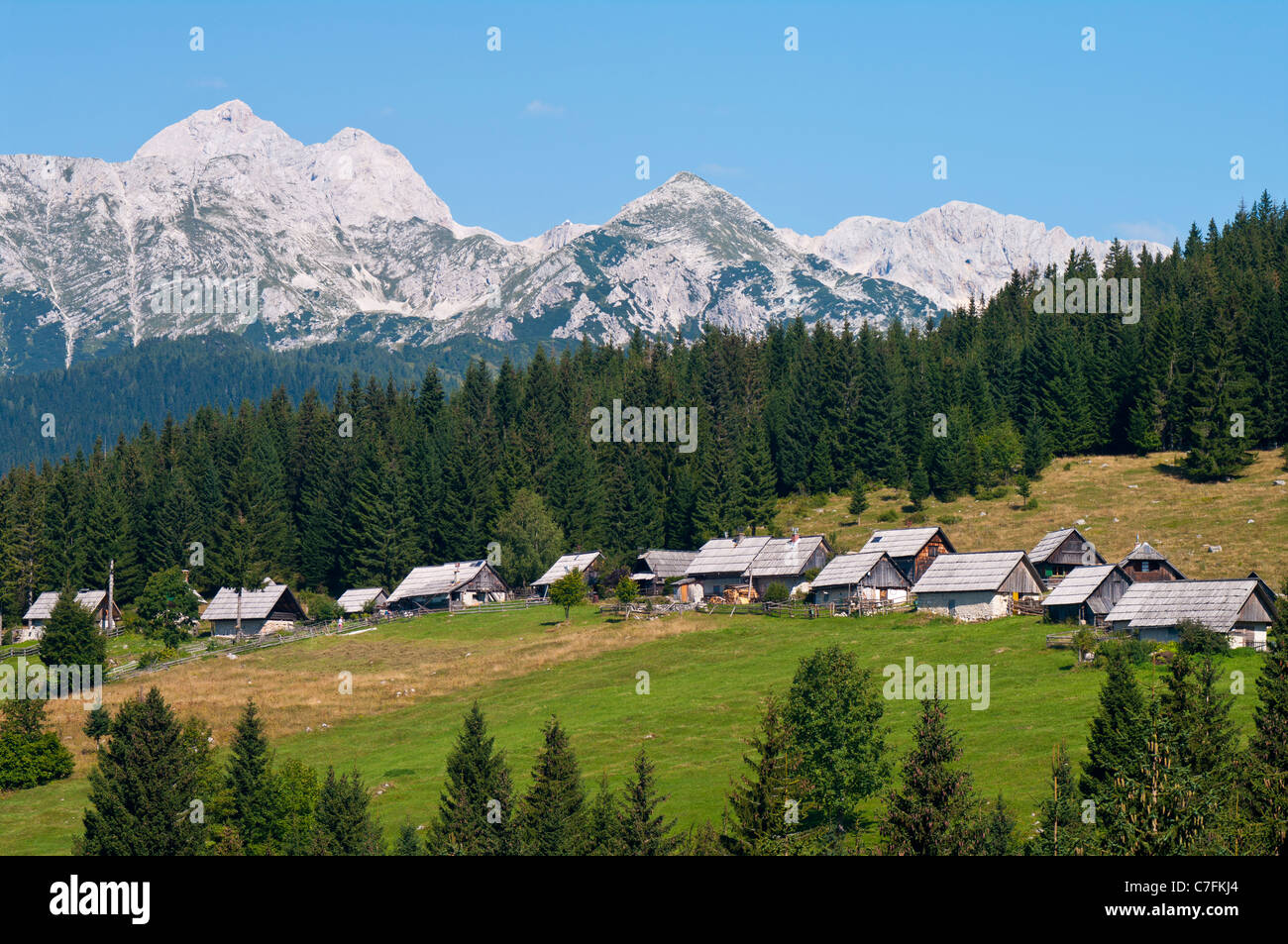 Traditionelle slowenische Schäferhütten der Pokljuka-Region in den Julischen Alpen. Zajamniki, Slowenien. Stockfoto